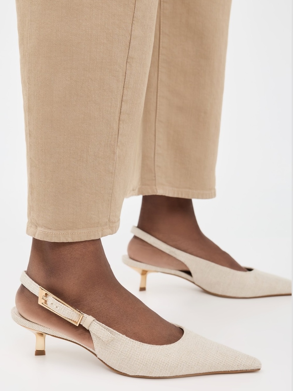 SCHUTZ Ciara Mid Pumps Beige Linen Slingback Kitten Heel Pumps NWT 8